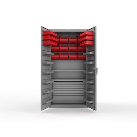 Strong Hold 14 GA Bin Cabinet with 2 Shelves, 4 Drawers - 36 In W. x 72 In. H x 24 In. D - 30 Red Bins 36-BBS-242-4DB-30R-12DP-NL-L