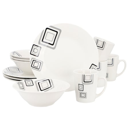 Gibson Home Black Squares 12 Piece Round Fine Ceramic Dinnerware Set in White 142756.12