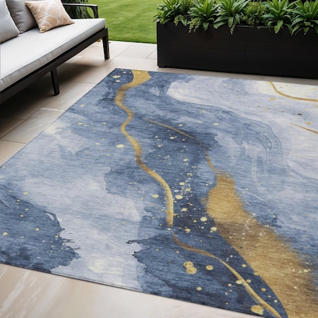 Homeroots 5' X 8' Blue And Gold Abstract Washable Indoor Outdoor Area Rug 611332