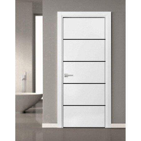 Sartodoors Modern Solid Interior Door with Handle, Planum 0015 White Silk and Aluminum Strips, Single Regural PLANUM0015ID-WS-18