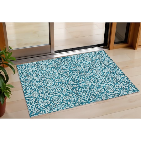 Homeroots 3' X 5' Teal Blue And Ivory Damask Washable Indoor Outdoor Area Rug 595193