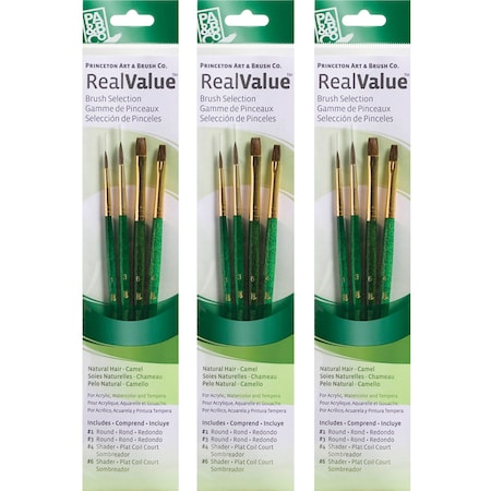 Princeton RealValue Brush Set, Camel Bristles, Short Handle Mixed Media Paintbrush, Green, 4-Piece Set, 3PK PR9110