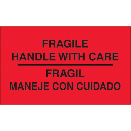Tape Logic Bilingual Labels, "Fragil - Maneje Con Cuidado", 3" x 5", Fluorescent Red, 500/Roll DL3011