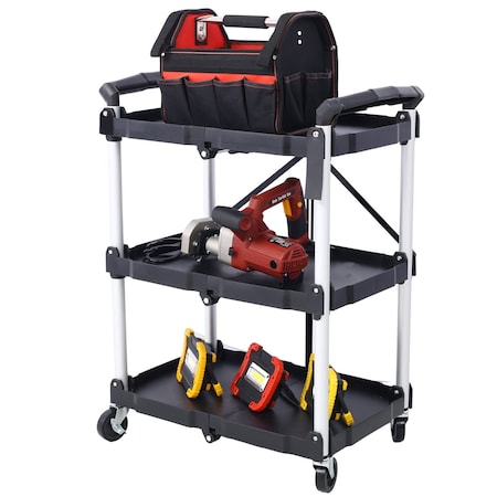 Wrightmaster 3 Layers Folding Collapsible Service Cart Pack-N-Roll Folding, Black, 50Lb Load Capacity per Shelf ZR-W46578737