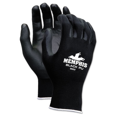 Mcr Safety Gloves, Nylon; Spandex; PU, Smooth Finish, Black, L 12 PK 9669L