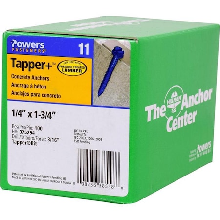 Hillman Tapper 1/4 in. D X 1.75 in. L Steel Hex Head Concrete Screw Anchor, 100PK 375294