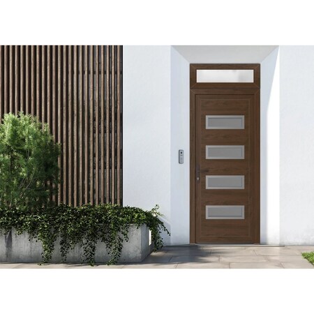 Vdomdoors Front Exterior Prehung Metal-Plastic Door, Manux 8113 Walnut, Top Sidelite Transom, Office Commerci MANUX8113EXD-WLN-W32xH80+14-RH