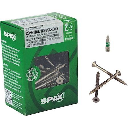 Spax No.10x2-1/2'' T20 Plus Flat Head 304 SS, Exterior Rated Wood Screw, 83 Ct. 4197000500604