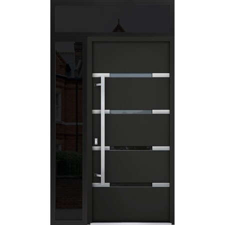 Vdomdoors Steel Door Deux 1105 Black Enamel Sidelight and Transom Window Sidelite Stainless Inserts Entry Doo DEUX1105EXD-BLK-W36+12 x H80+16-RH-I