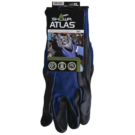 Showa Atlas Showa Coated Gloves, XL, 8-21/32 to 10-15/64 in L, Elastic Wrist, Seamless Knit Cuff, Nitrile Foam Coat 380XL-09.RT