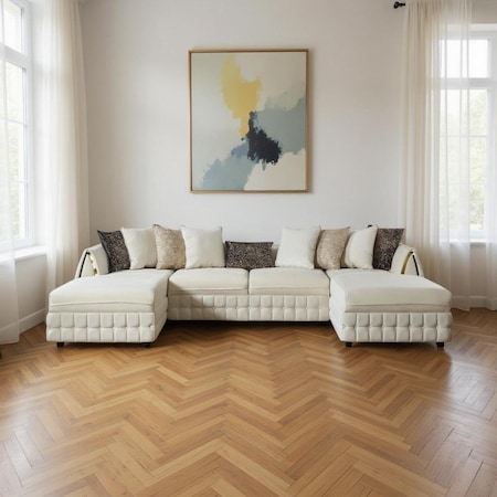 Homeroots Cream Velvet U Shaped Sofa and Chaise Sectional With Toss Pillows 643881