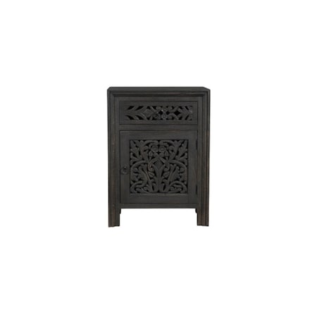 Homeroots 30" Black Solid Wood Distressed Carved Floral One Drawer Nightstand 569583
