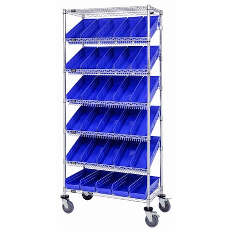 Quantum Storage Systems WIRE SHELVING UNIT W/30 BLUE BINS MOBILE MWRS-7-104BL