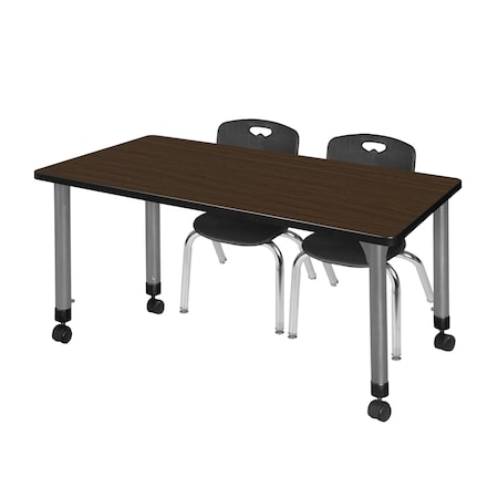 Regency Kee Mobile Adjustable Classroom Table W/ 2 Andy Stack Chairs, 60 in W, 24 in L, Neo Walnut MT6024NWAPCGY45BK