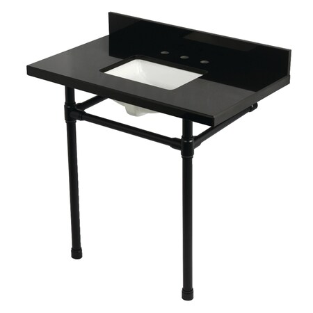 Kingston Brass 36" Black Granite Console Sink with Stainless Steel Legs, 8-Inch, 3-Hole, Black Granite/Matte Black KVPK36K8SQ0ST
