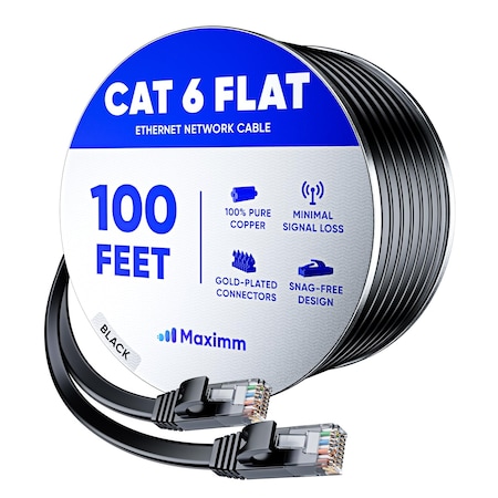 Maximm Cat6 Flat Ethernet Cable 100ft, Black CAT6FLAT100FTBlack