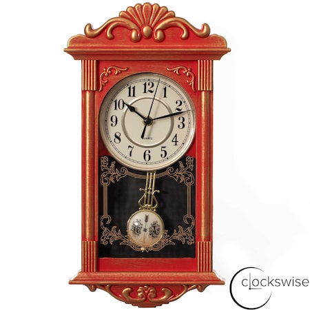 Clockswise Vintage Wall Clock with Wood-Effect Plastic Pendulum, Battery-Operated - Red with Distressed Finish QI004145.RD