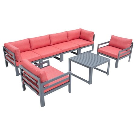 Leisuremod Chelsea 7-Piece Patio Armchair Sectional And Coffee Table Set Black Aluminum With Red Cushions CSTARBL-7R