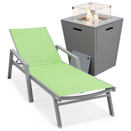 Leisuremod Marlin Grey Aluminum Patio Chaise Lounge Chair With Arms & Square Fire Pit Table, Green MLAGRCF21-77G