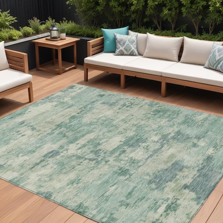 Homeroots 10' X 14' Teal Blue Linen And Pale Aqua Abstract Washable Indoor Outdoor Area Rug 630914