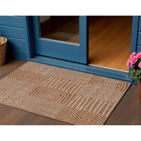 Homeroots 3' X 5' Brown And Beige Geometric Washable Indoor Outdoor Area Rug 596962