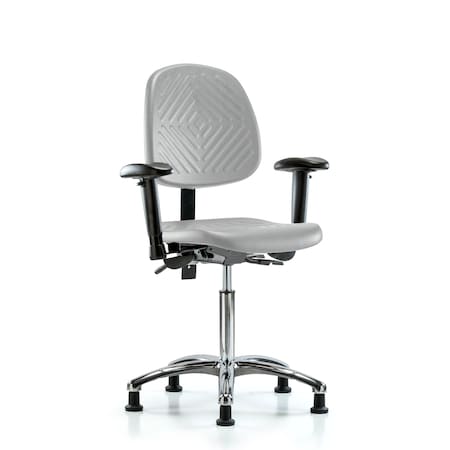 Blue Ridge Ergonomics Poly Chair Chrome-Medium Bench Ht with Medium Back, Adjustable Arms, & Stat Glides in Gray Poly PMBCH-MB-CR-T0-A1-NF-RG-GRY