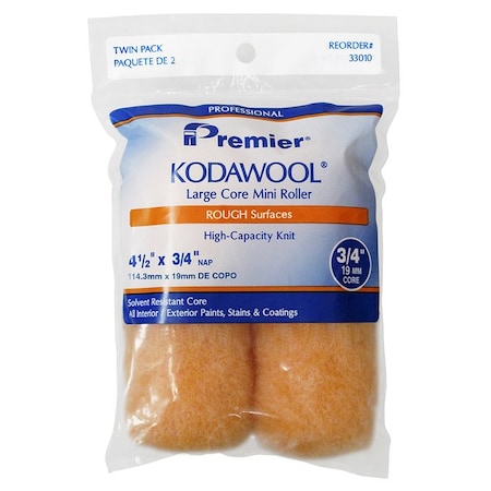 Kodawool 4-1/2in x 3/4in Nap Premier Large Core Mini Roller Cover, 2PK 33010
