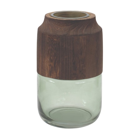 Homeroots 9" Brown And Sage Glass Cylindrical Table Vase With Wood 632608