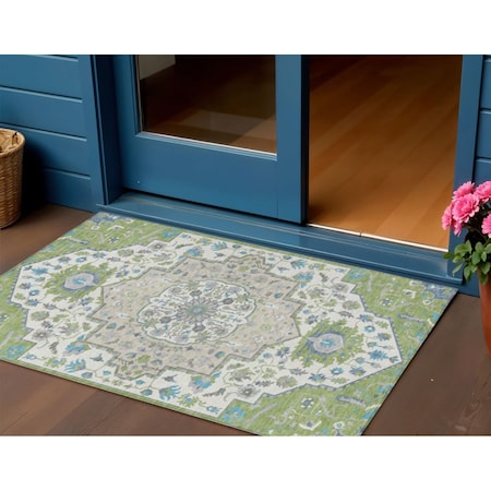 Homeroots 3' X 5' Artichoke Green Blue And Ivory Oriental Washable Indoor Outdoor Area Rug 596602