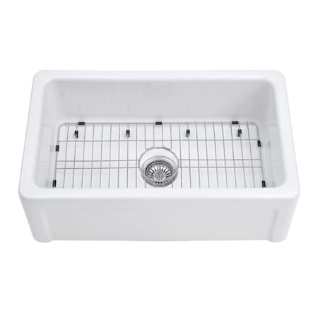 Kingston Brass 30" Fireclay Single Bowl Farmhouse Kitchen Sink with Bottom Grid and Strainer, Glossy White KGPF311910YHC