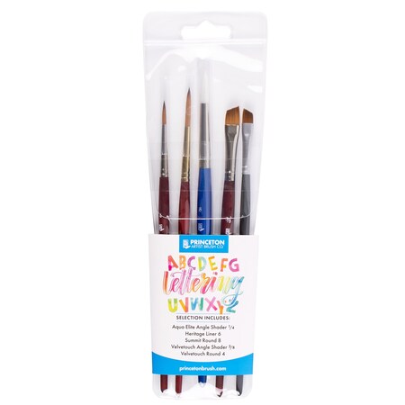 Princeton Lettering Brush Set, Synthetic Bristles, Short Handle Mixed Media Paintbrush, Assorted, 5-Piece Set PLETTERSET1