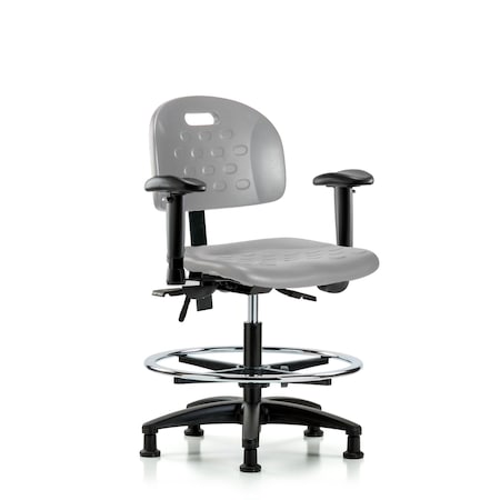 Blue Ridge Ergonomics Poly Chair-Medium Bench Height with Seat Tilt, Adj Arms, Chrome Foot Ring, & Stat Glides in Gray Poly HPMBCH-RG-T1-A1-CF-RG-GRY