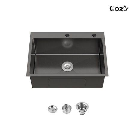 Wrightmaster 27 in. Drop-In Single Bowl 20 Gauge Black Stainless Steel Kitchen Sink with Drain and Hook ZOR-BL02D-271908