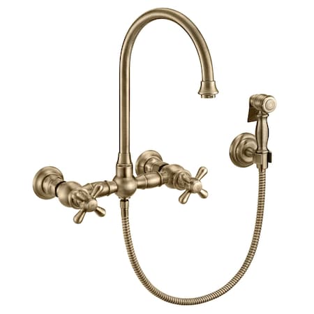 Whitehaus Collection Vintage III Plus Wall Mount Faucet with a Long Gooseneck Swivel Spout, and Solid Brass Side Spray WHKWCR3-9301-NT-AB