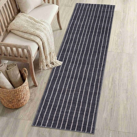 Jonathan Y Orton Distressed Ticking Stripe Non-Slip Machine-Washable Charcoal/Cream 2 ft. x 8 ft. Runner Rug WSH519C-28