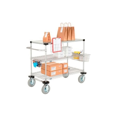 Global Equipment Nexel    Curbside Cart, Chrome, 72"L x 24"W x 43"H, 2 Wire, 1 Solid Shelf, Pneumatic Casters CS24722CP
