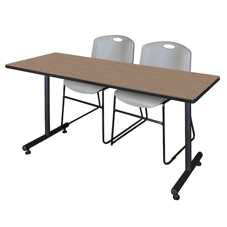Regency Kobe T-Base Training Seminar Table W/ 2 Zeng Stack Chairs, 60 in W, 24 in L, Noble Oak MKTRCT6024NO44GY