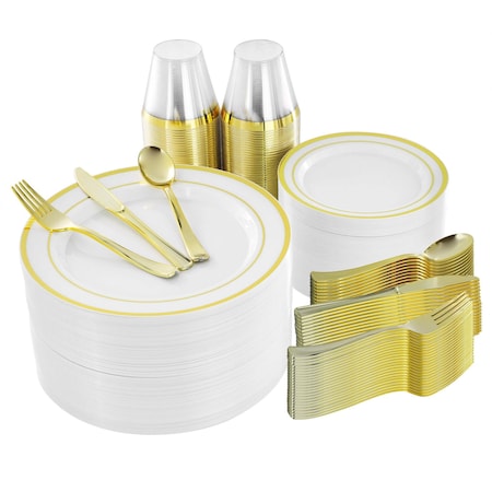 Elama 600 Piece Disposable Plastic Dinnerware Party Set for 100 Guests in White with Gold Trim 750124342M