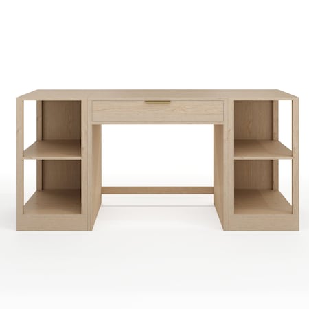 Martha Stewart Kayden Single-Drawer Desk w/Dual 2 Tier Shelves in Light Natural w/Brushed Gold Hardware KHO-23042-TBSF2-LNT-GLD-MS