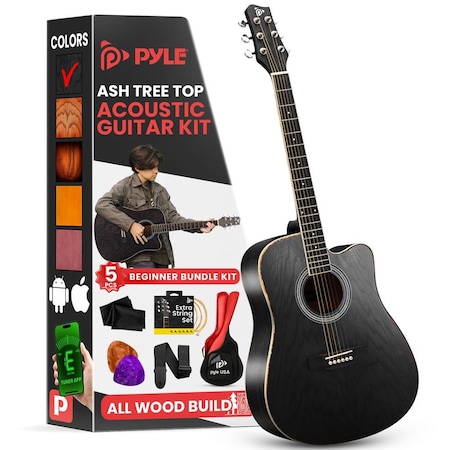Pyle Steel String Acoustic Guitar Kit, 41 in Full Size Cutaway with Ashtree Top, Open Pore Finish PGA480BK