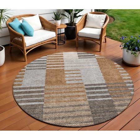 Homeroots 8' Chocolate And Gray Round Striped Washable Indoor Outdoor Area Rug 581703