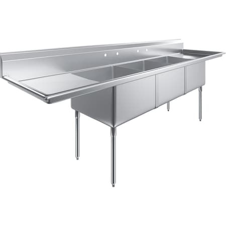 Amgood 120in. x 30in. SS Three Compartment Sink w/24in. x 24in. x 14in. Bowls and Dual 24in. Drainboards SINK S3C-242414-24LR-NF-Z