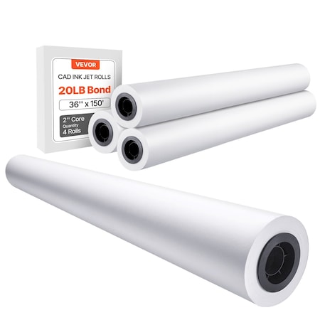 Vevor Wide Format Paper Plotter Paper 4 Rolls 36 in x 150 ft CAD Bond Rolls, 4PK JSFL21080024P915