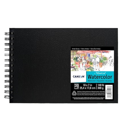 Canson Artist Series Montval Watercolor Art Book, Black Cover, Side Wire Binding, 20 Sheet, 10x7 inch C100510439