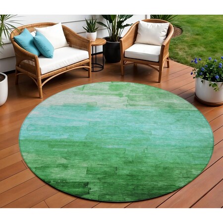 Homeroots 8' Green And Teal Blue Round Striped Washable Indoor Outdoor Area Rug 610885