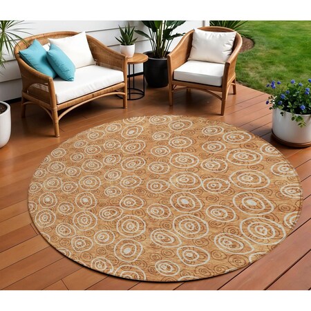 Homeroots 8' Terra Cotta Copper And Beige Round Geometric Washable Indoor Outdoor Area Rug 583398