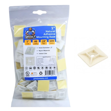 Grizzly Supply Adhesive Cable Tie Mounts, 1 in Sq, Nylon 6/6, .2 in Slot Wd, Natural, 100PK GS-CM100-9C