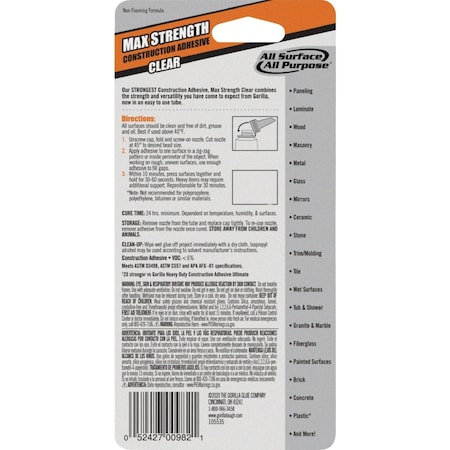 Gorilla Glue 2.5 Oz. Clear Max Strength Construction Adhesive 105045