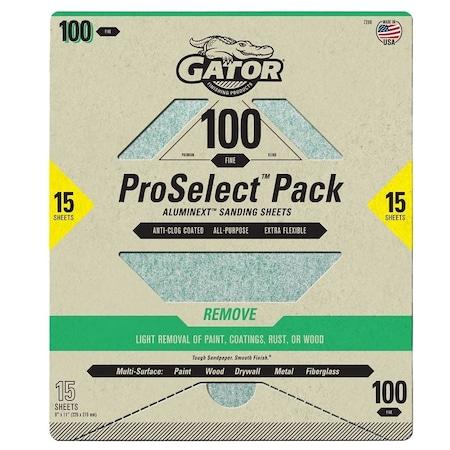 Gator Sanding Sheet, 11 in L, 9 in W, Fine, 100 Grit, Aluminum Oxide Abrasive 7289