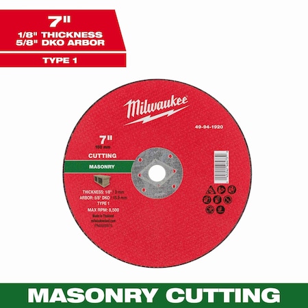 Milwaukee Tool Cut-Off Wheel, 5/8" Sz, 7" dia. 49-94-1920